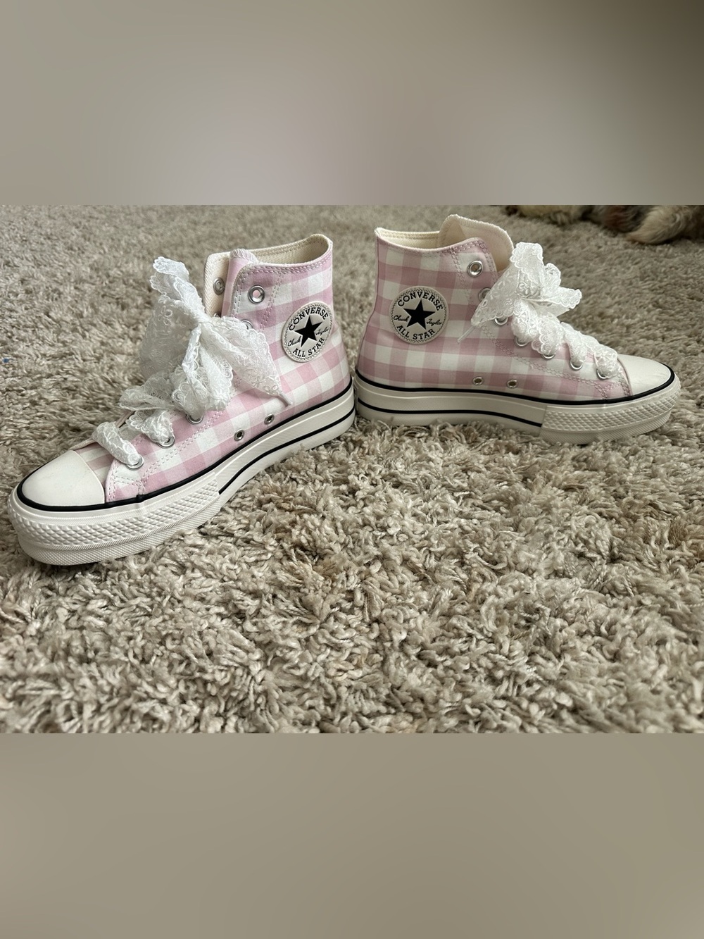 Converse Pink and White Gingham High Top Sneakers